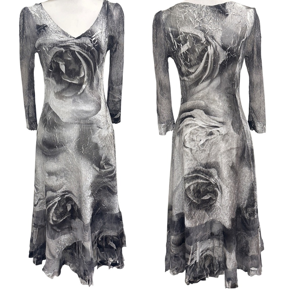 Komarov‎ Silver Rose Lace Floral Pleated Charmeuse Midi Dress Art-to-Wear Medium